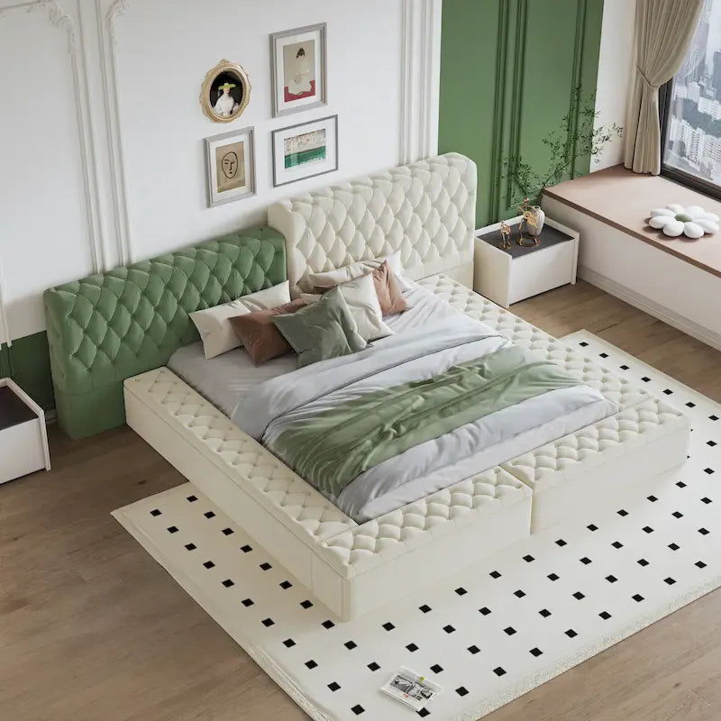 Lit plateforme rembourré de forme spéciale King avec rangement