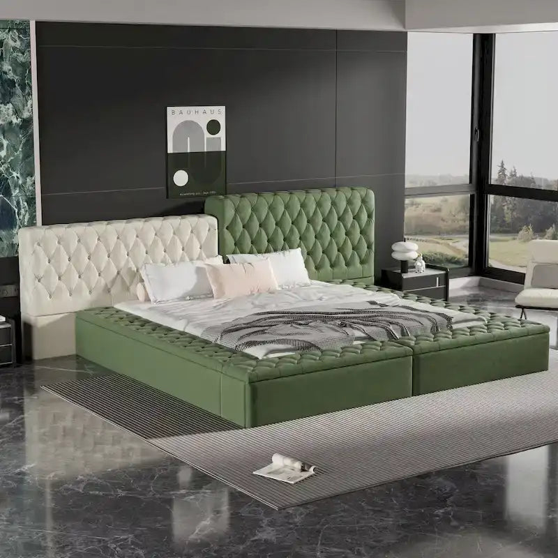 Lit plateforme rembourré de forme spéciale King avec rangement