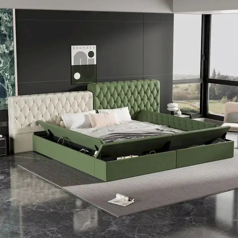 Lit plateforme rembourré de forme spéciale King avec rangement