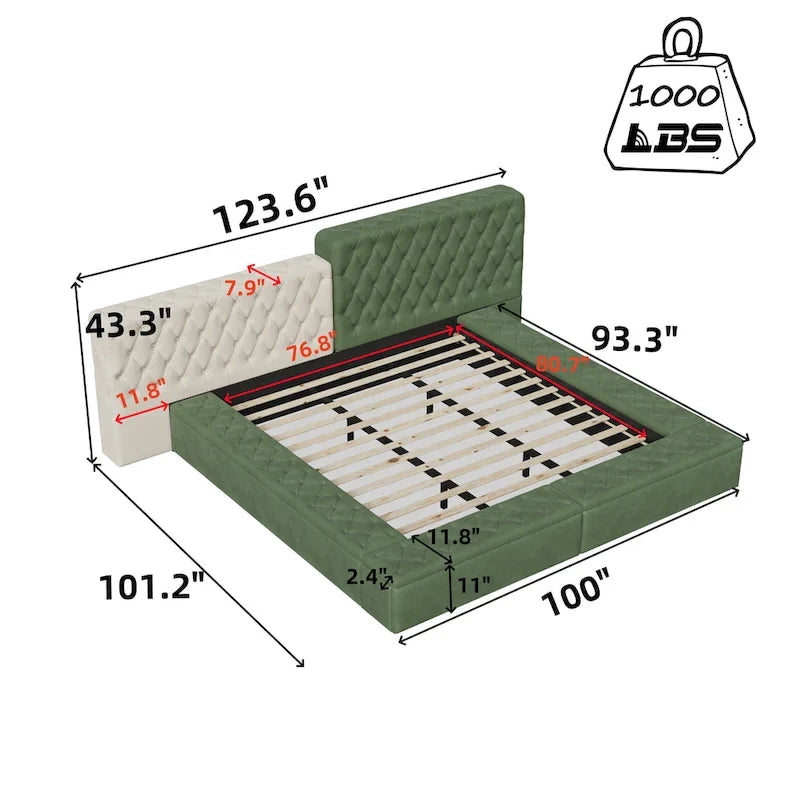 Lit plateforme rembourré de forme spéciale King avec rangement