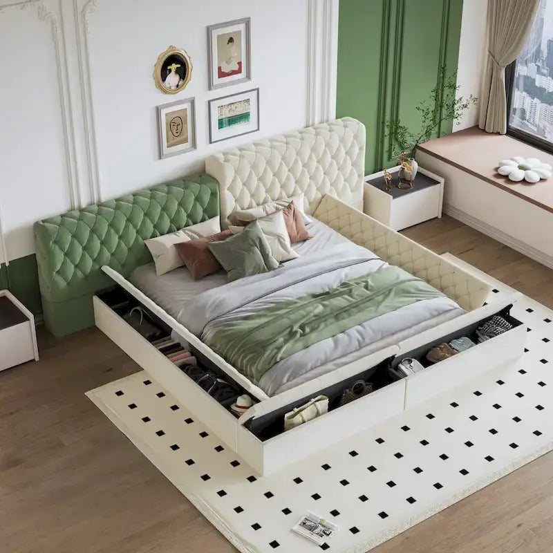 Lit plateforme rembourré de forme spéciale King avec rangement