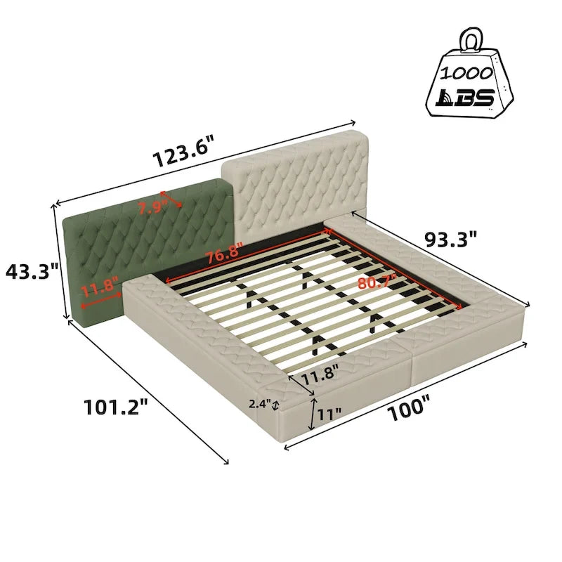Lit plateforme rembourré de forme spéciale King avec rangement