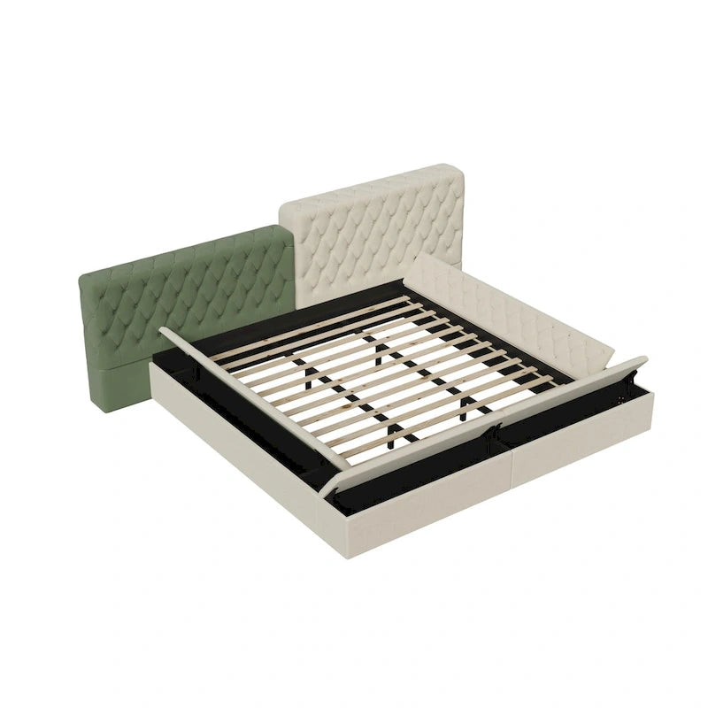 Lit plateforme rembourré de forme spéciale King avec rangement