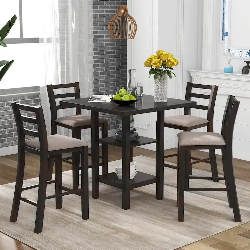 Ensemble de table à manger en bois de 5 pièces à hauteur de comptoir avec 4 chaises et rangement
