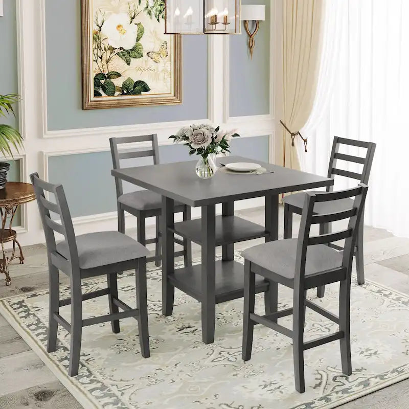 Ensemble de table à manger en bois de 5 pièces à hauteur de comptoir avec 4 chaises et rangement