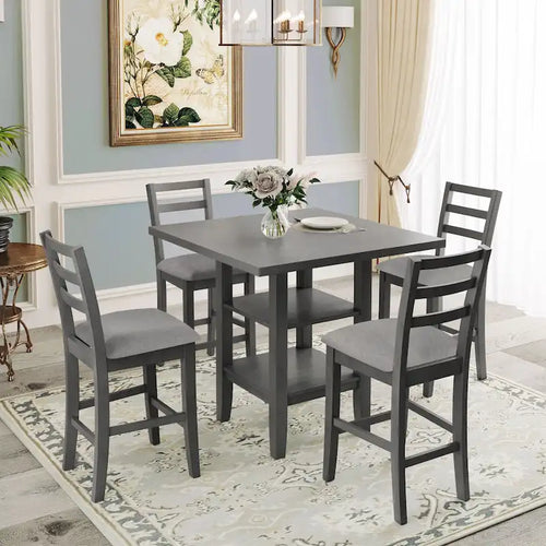Ensemble de table à manger en bois de 5 pièces à hauteur de comptoir avec 4 chaises et rangement