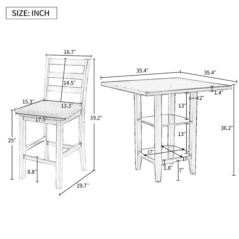 Ensemble de table à manger en bois de 5 pièces à hauteur de comptoir avec 4 chaises et rangement
