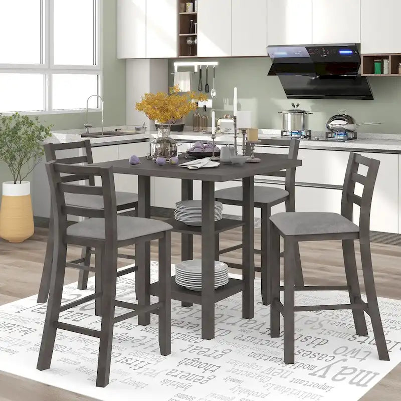 Ensemble de table à manger en bois de 5 pièces à hauteur de comptoir avec 4 chaises et rangement