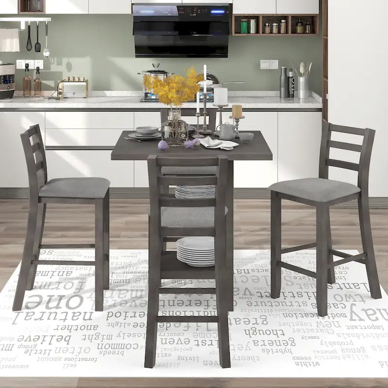 Ensemble de table à manger en bois de 5 pièces à hauteur de comptoir avec 4 chaises et rangement