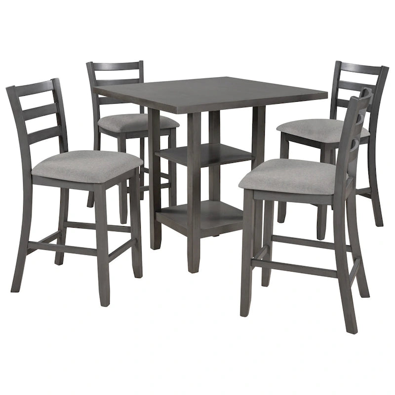 Ensemble de table à manger en bois de 5 pièces à hauteur de comptoir avec 4 chaises et rangement