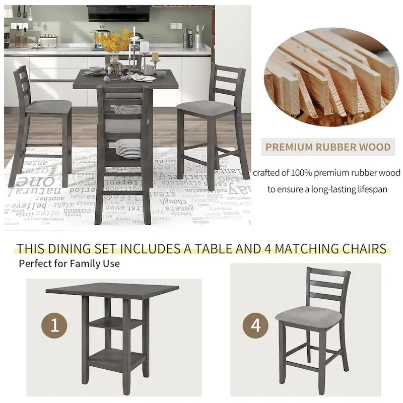 Ensemble de table à manger en bois de 5 pièces à hauteur de comptoir avec 4 chaises et rangement