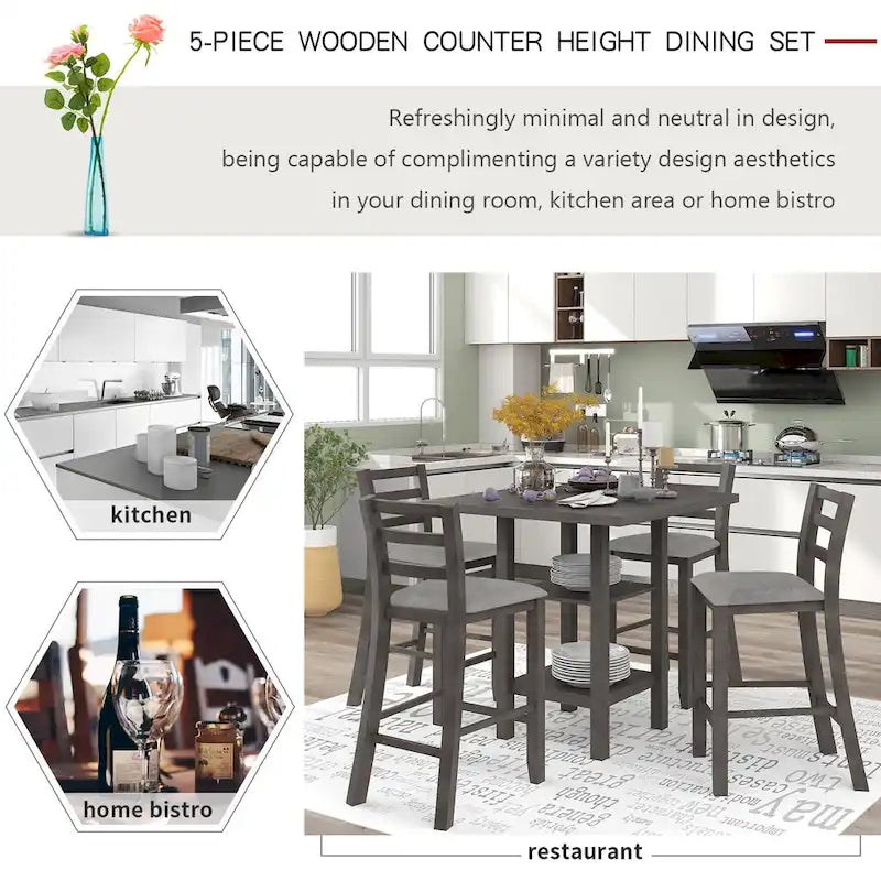 Ensemble de table à manger en bois de 5 pièces à hauteur de comptoir avec 4 chaises et rangement