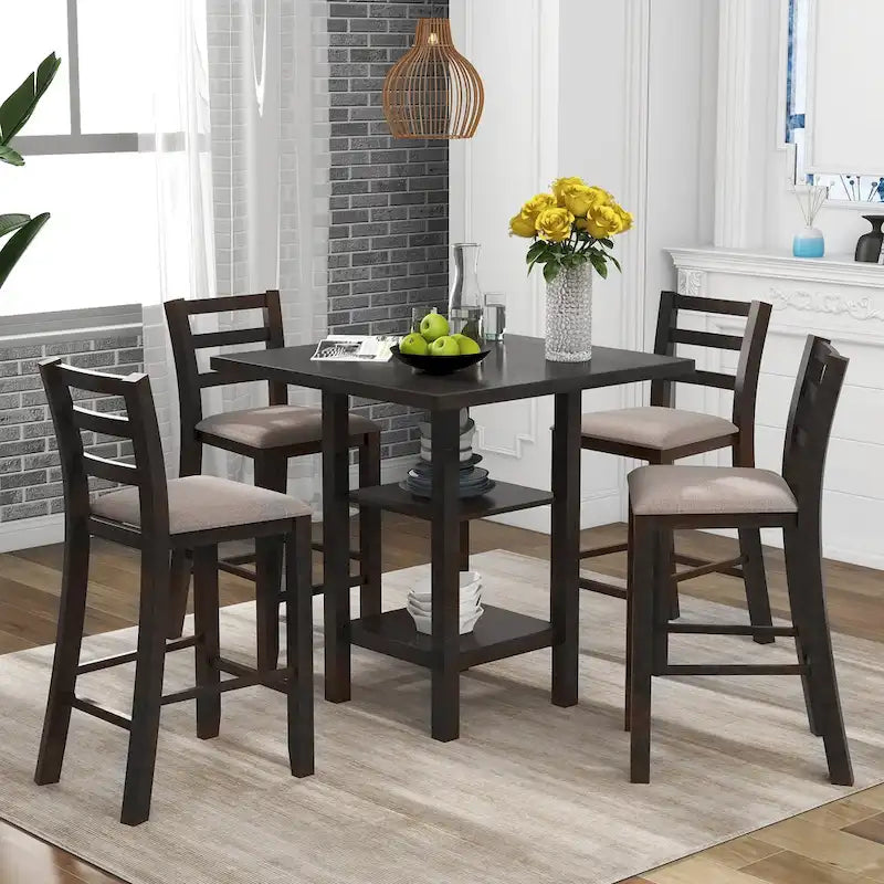 Ensemble de table à manger en bois de 5 pièces à hauteur de comptoir avec 4 chaises et rangement