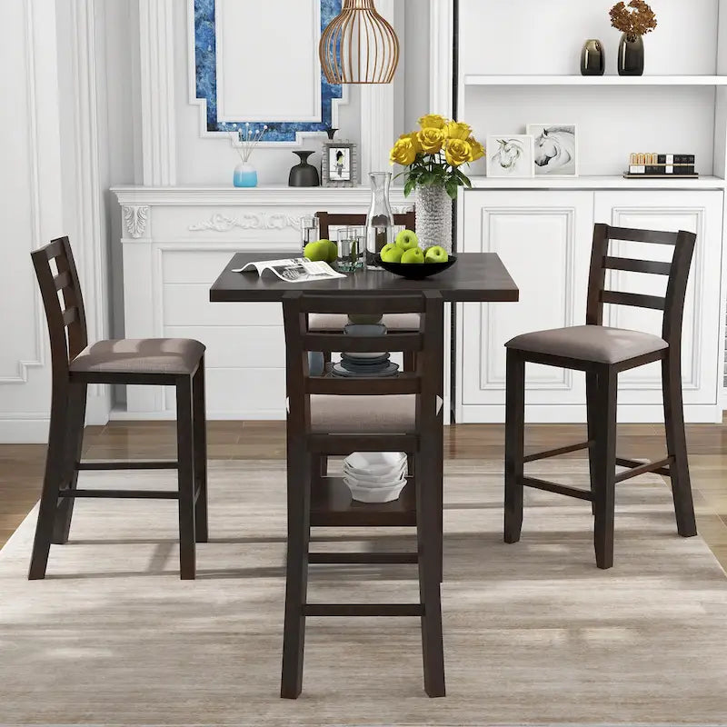 Ensemble de table à manger en bois de 5 pièces à hauteur de comptoir avec 4 chaises et rangement