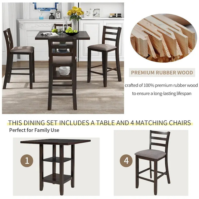 Ensemble de table à manger en bois de 5 pièces à hauteur de comptoir avec 4 chaises et rangement