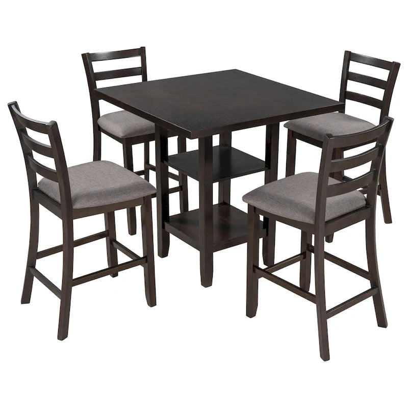 Ensemble de table à manger en bois de 5 pièces à hauteur de comptoir avec 4 chaises et rangement
