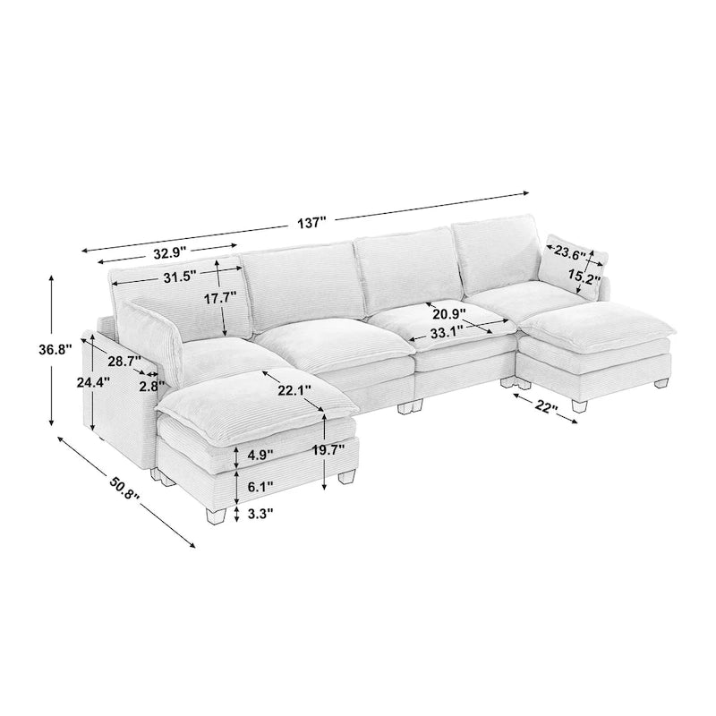 Canapé d'angle en velours 102 po avec pouf et oreillers lombaires