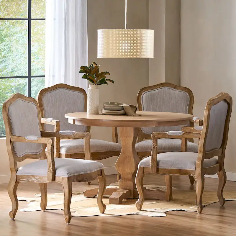 Ensemble de salle à manger rond 5 pièces style campagne française – Chaises rembourrées et table à piédestal, 4 places