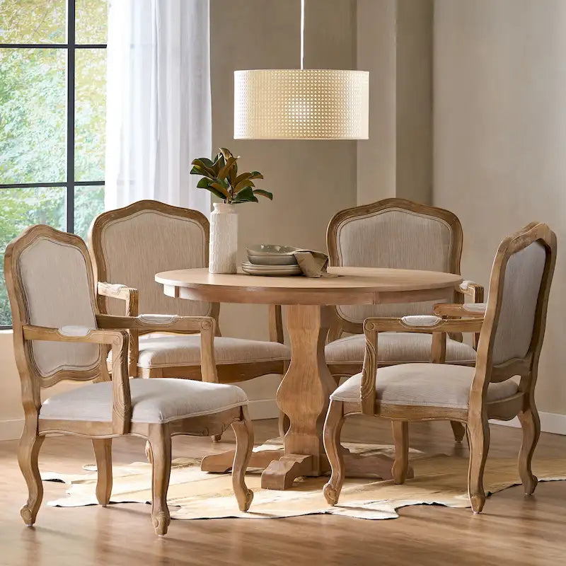 Ensemble de salle à manger rond 5 pièces style campagne française – Chaises rembourrées et table à piédestal, 4 places