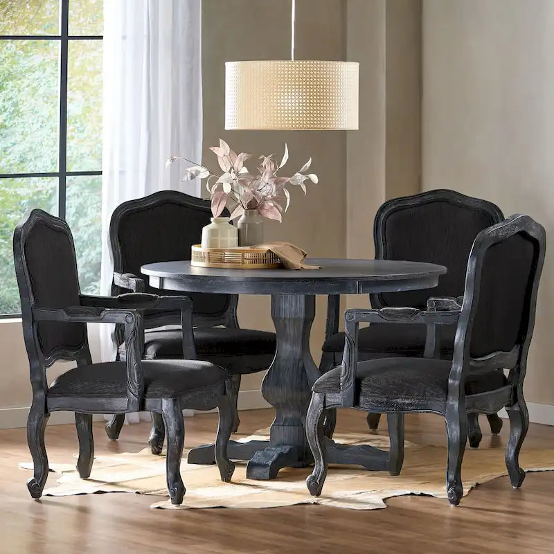 Ensemble de salle à manger rond 5 pièces style campagne française – Chaises rembourrées et table à piédestal, 4 places