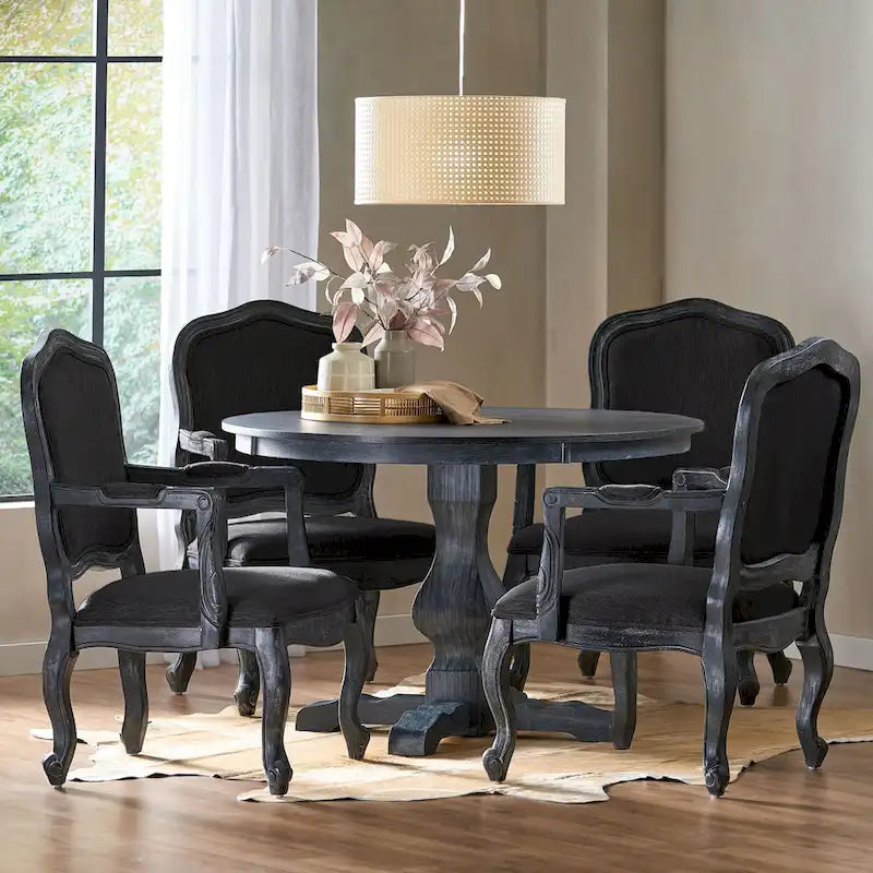 Ensemble de salle à manger rond 5 pièces style campagne française – Chaises rembourrées et table à piédestal, 4 places
