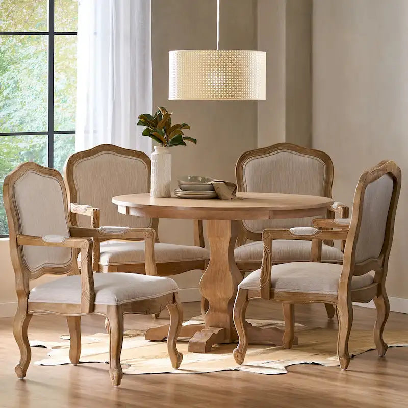 Ensemble de salle à manger rond 5 pièces style campagne française – Chaises rembourrées et table à piédestal, 4 places