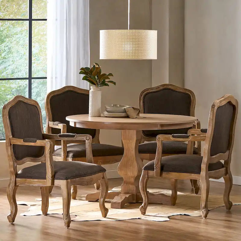 Ensemble de salle à manger rond 5 pièces style campagne française – Chaises rembourrées et table à piédestal, 4 places