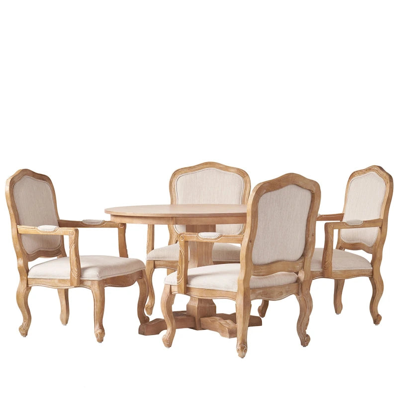 Ensemble de salle à manger rond 5 pièces style campagne française – Chaises rembourrées et table à piédestal, 4 places