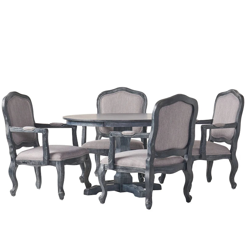 Ensemble de salle à manger rond 5 pièces style campagne française – Chaises rembourrées et table à piédestal, 4 places