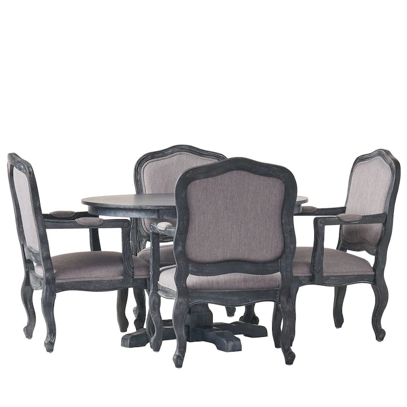 Ensemble de salle à manger rond 5 pièces style campagne française – Chaises rembourrées et table à piédestal, 4 places