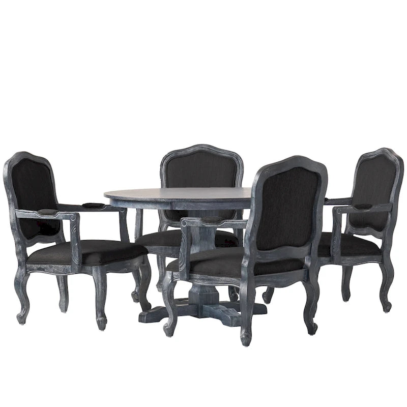 Ensemble de salle à manger rond 5 pièces style campagne française – Chaises rembourrées et table à piédestal, 4 places