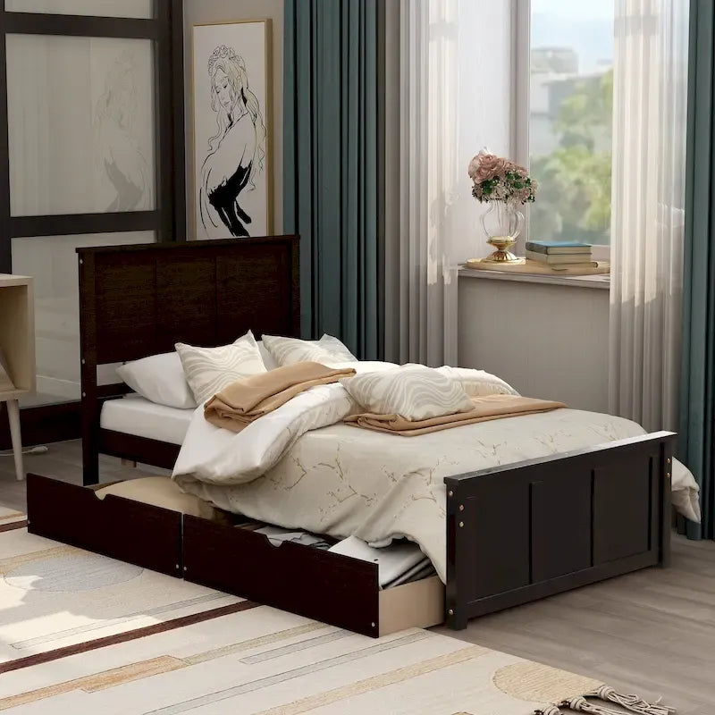 Lit plateforme double espresso avec rangement et 2 tiroirs sous le lit