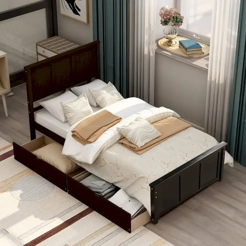 Lit plateforme double espresso avec rangement et 2 tiroirs sous le lit