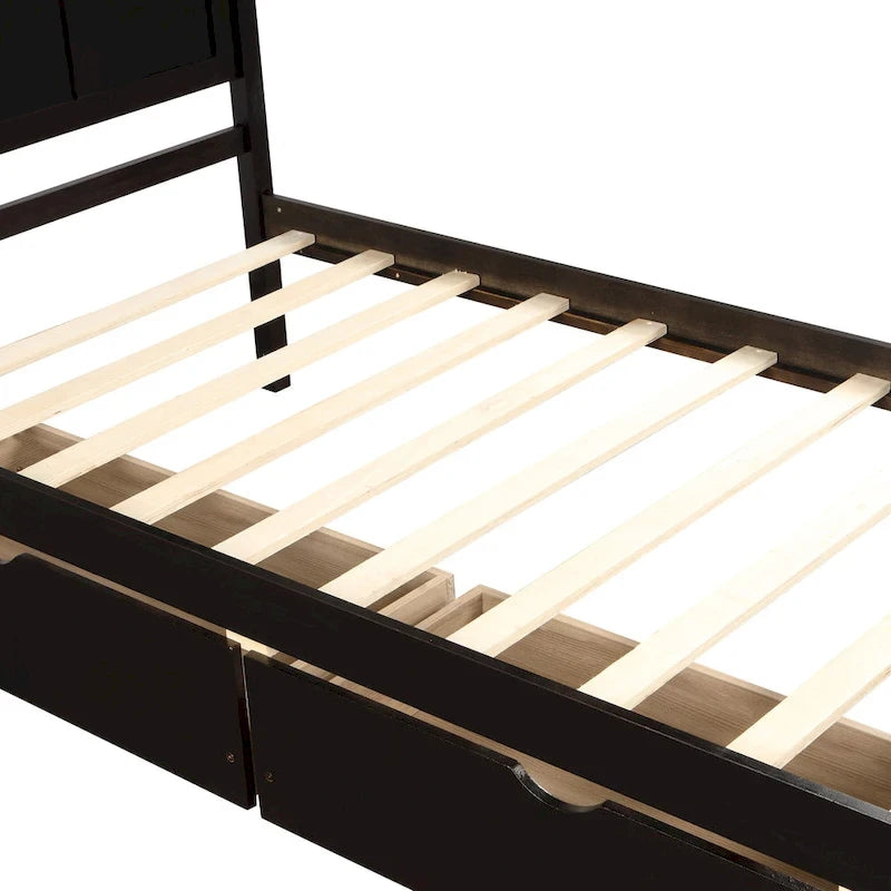 Lit plateforme double espresso avec rangement et 2 tiroirs sous le lit