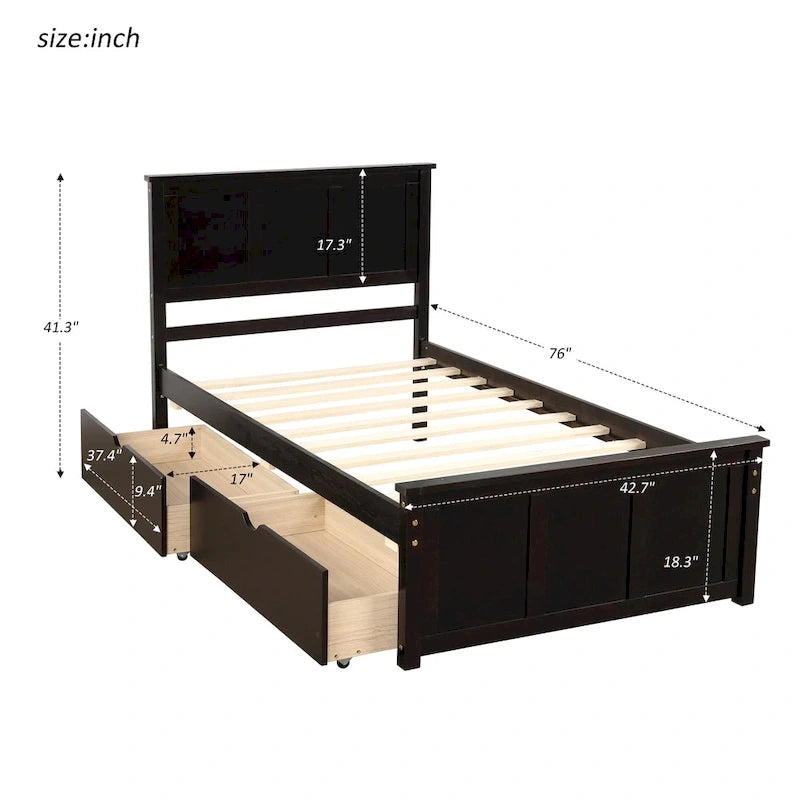 Lit plateforme double espresso avec rangement et 2 tiroirs sous le lit
