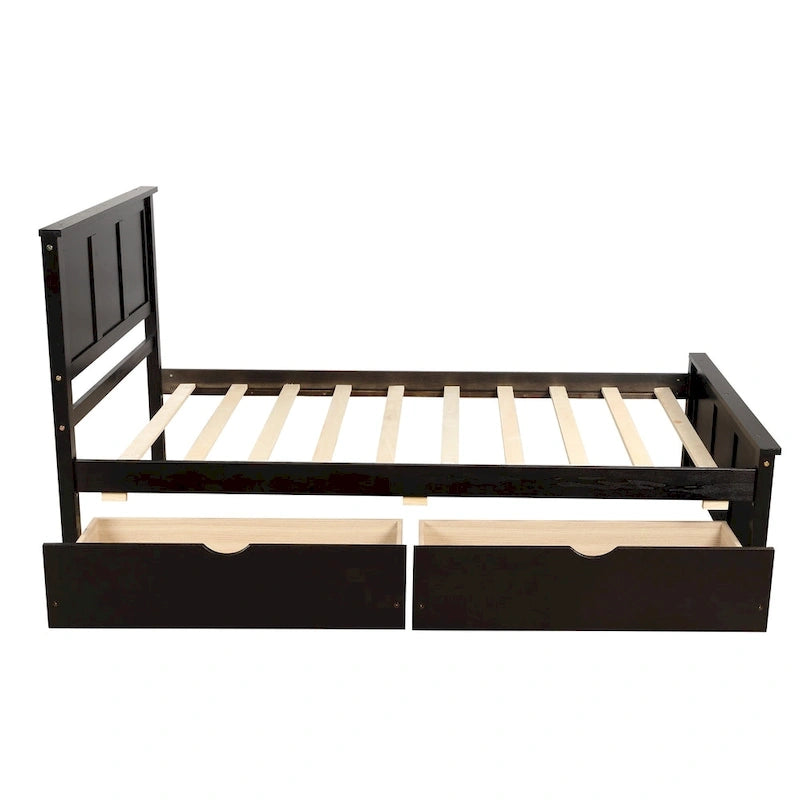 Lit plateforme double espresso avec rangement et 2 tiroirs sous le lit