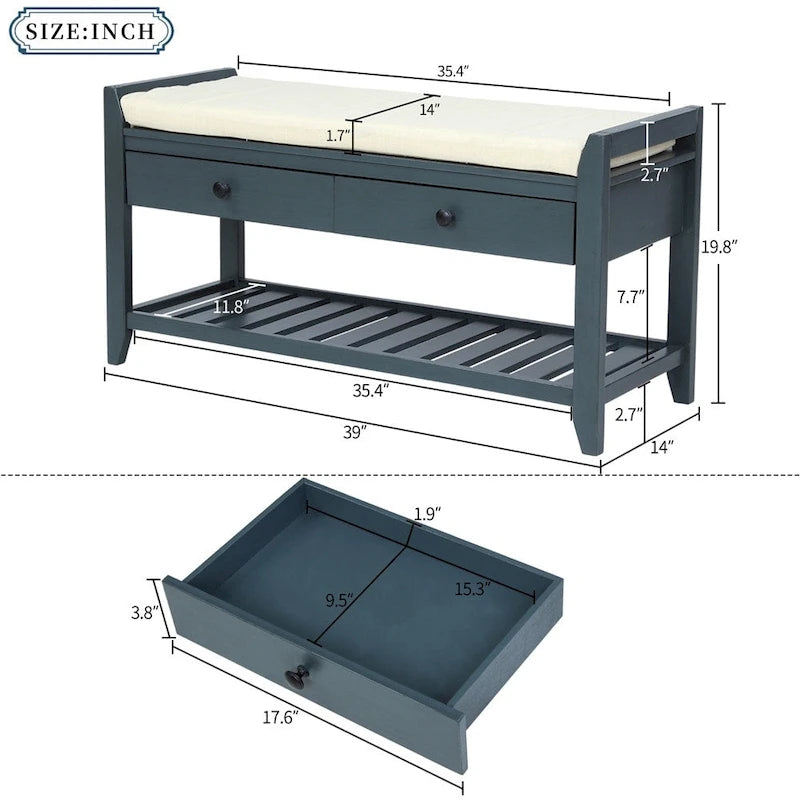 Banc de rangement avec coussin et étagère à chaussures