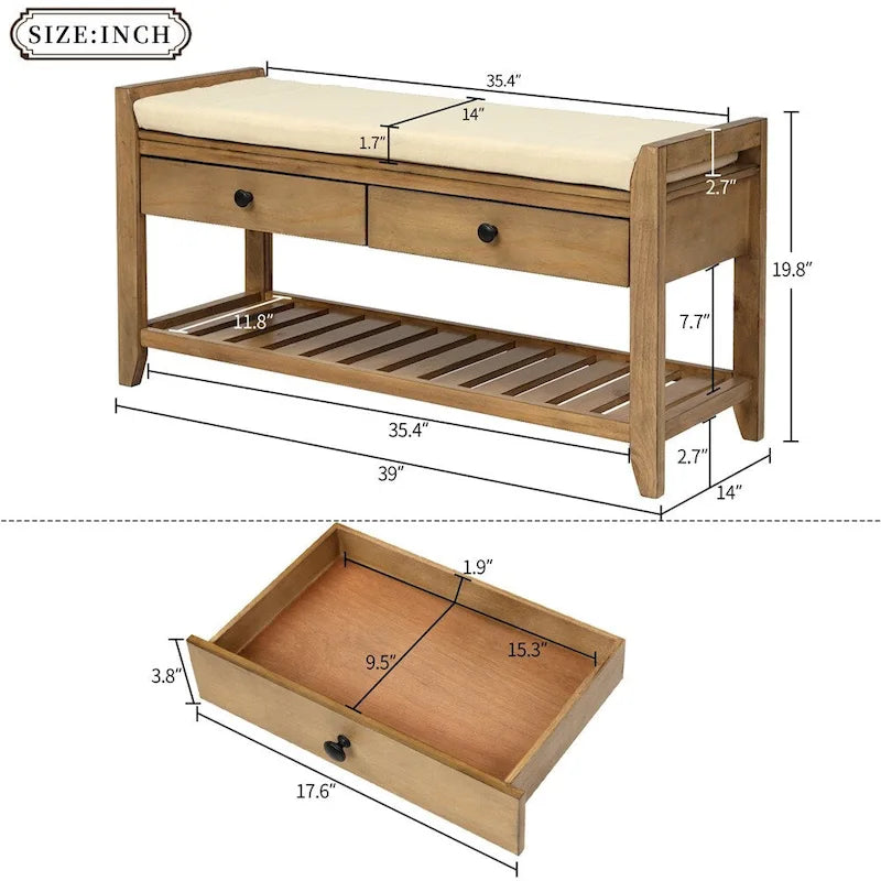 Banc de rangement avec coussin et étagère à chaussures