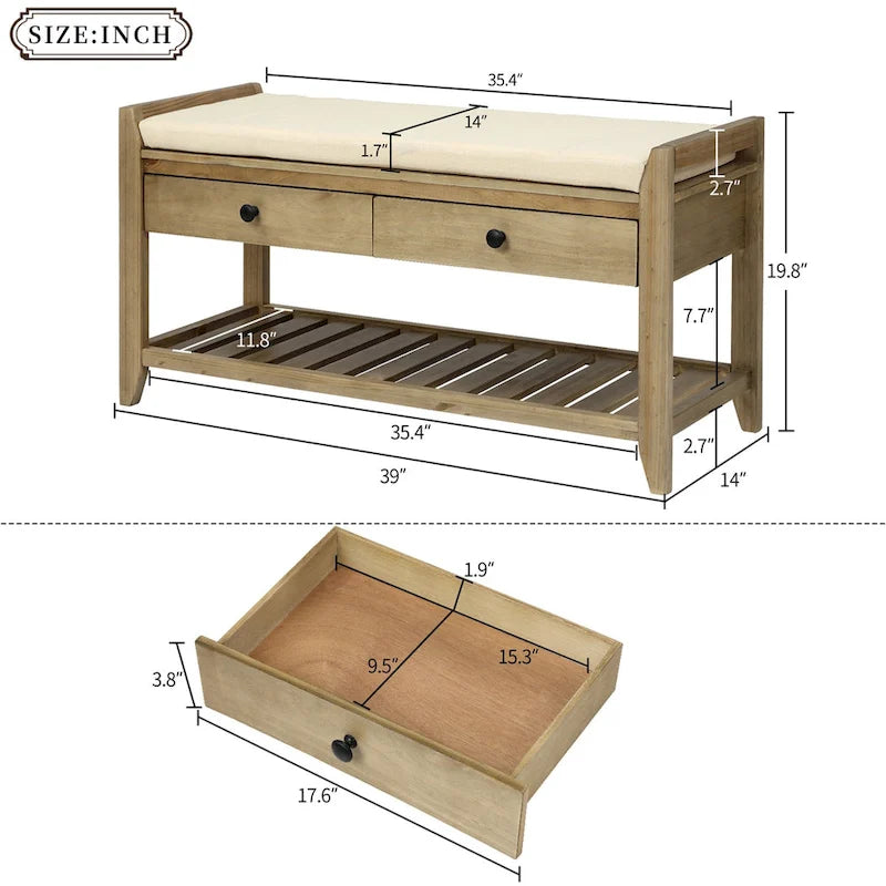 Banc de rangement avec coussin et étagère à chaussures