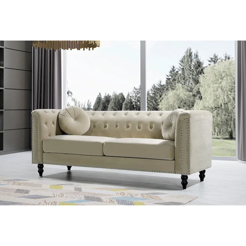 Canapé Chesterfield classique en velours clouté – Capitonnage, Éléments de salon élégants