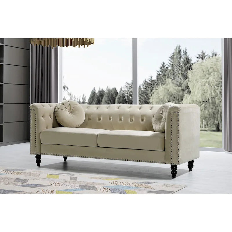Canapé Chesterfield classique en velours clouté – Capitonnage, Éléments de salon élégants