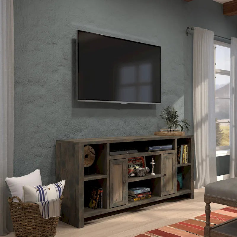 Meuble TV de 188 cm pour téléviseurs jusqu'à 85" – Fini bois de grange, aucun assemblage requis