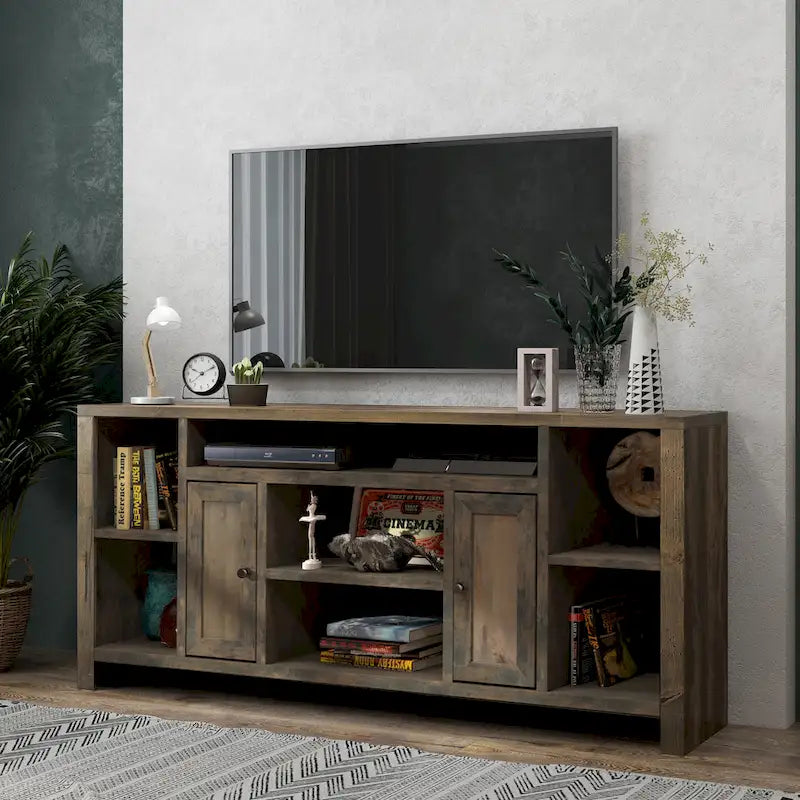 Meuble TV de 188 cm pour téléviseurs jusqu'à 85" – Fini bois de grange, aucun assemblage requis