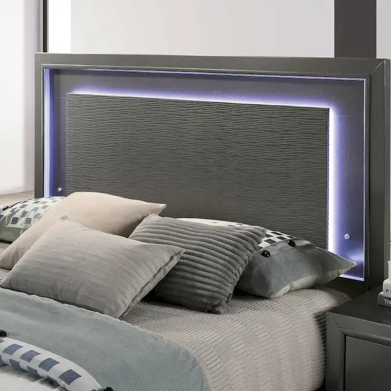 Lit plateforme King LED gris métallisé contemporain – Cadre en bois avec éclairage