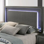 Lit plateforme King LED gris métallisé contemporain – Cadre en bois avec éclairage