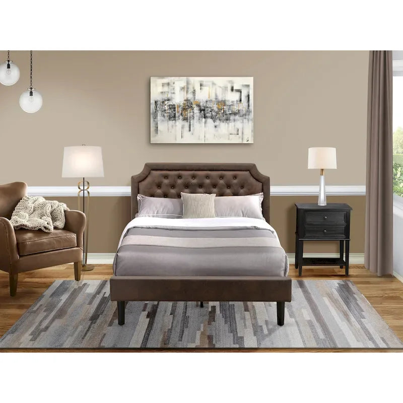 Ensemble de chambre à coucher 2 pièces – Lit plateforme en similicuir et table de chevet, brun foncé, pieds noirs