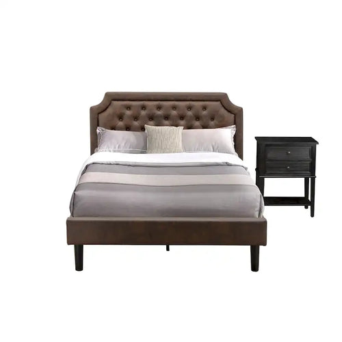 Ensemble de chambre à coucher 2 pièces – Lit plateforme en similicuir et table de chevet, brun foncé, pieds noirs