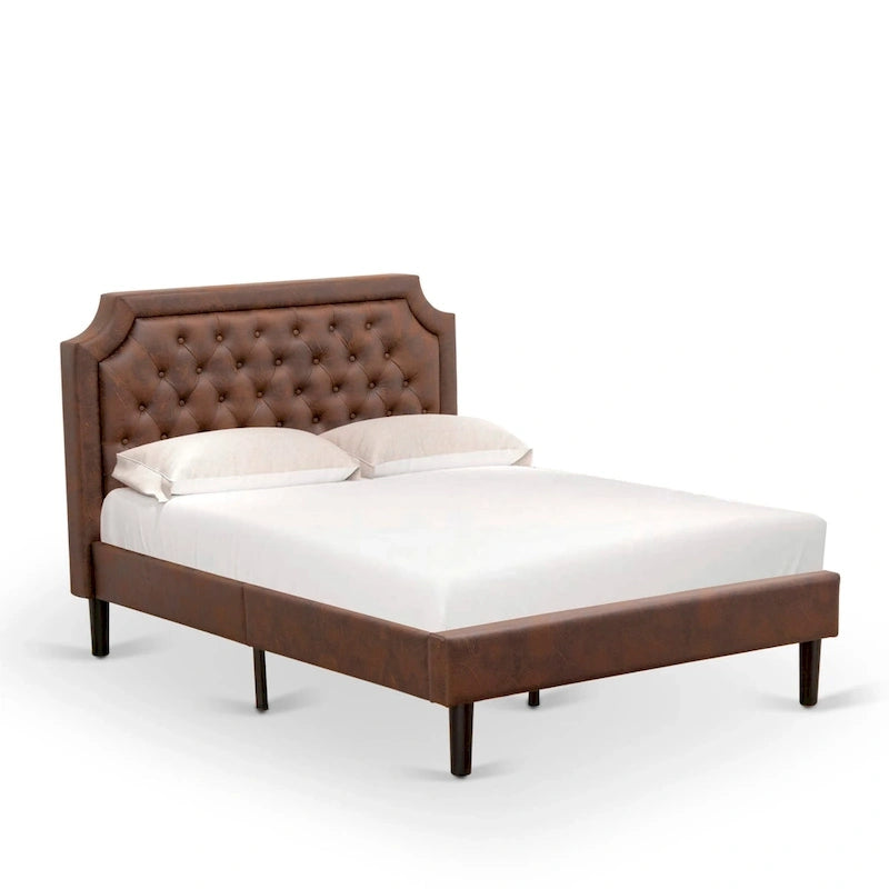 Ensemble de chambre à coucher 2 pièces – Lit plateforme en similicuir et table de chevet, brun foncé, pieds noirs