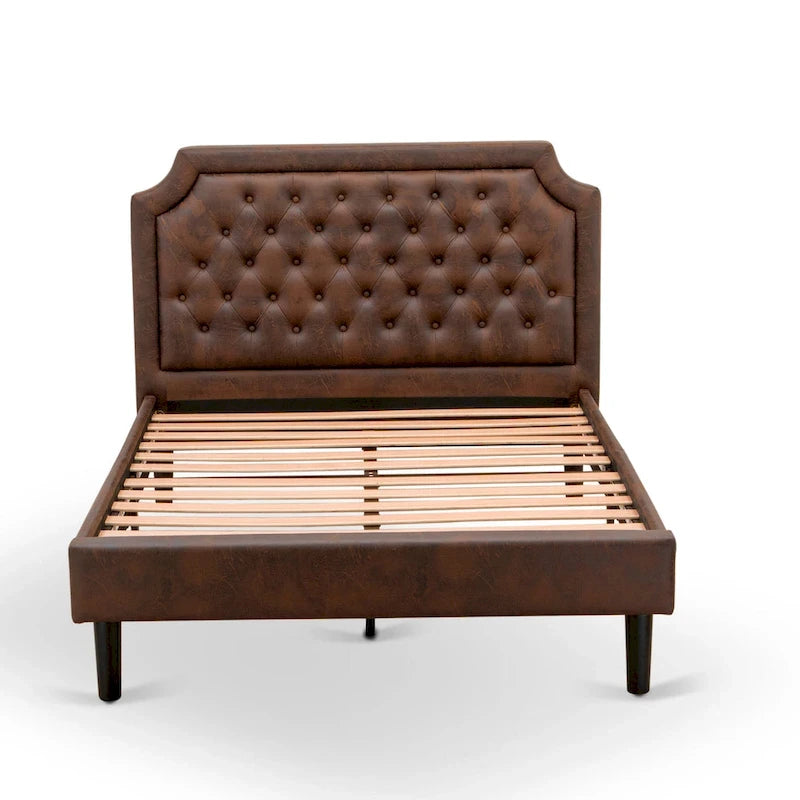 Ensemble de chambre à coucher 2 pièces – Lit plateforme en similicuir et table de chevet, brun foncé, pieds noirs