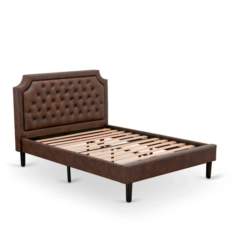 Ensemble de chambre à coucher 2 pièces – Lit plateforme en similicuir et table de chevet, brun foncé, pieds noirs